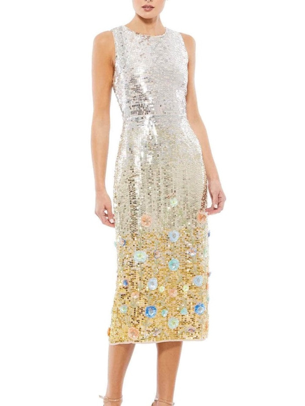 Mac Duggal Sequin Ombre Floral Midi Sleeveless Dress